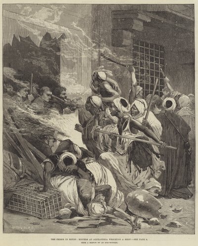 De crisis in Egypte, relschoppers in Alexandrië vernielen een winkel door Charles Auguste Loye